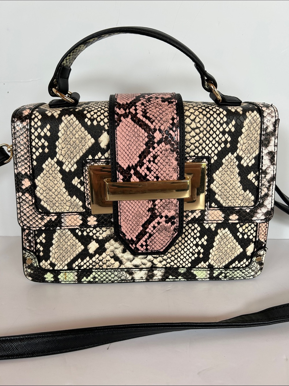 Call it spring Snake-Print Pink and Cream Top-Handle Women’s Bag